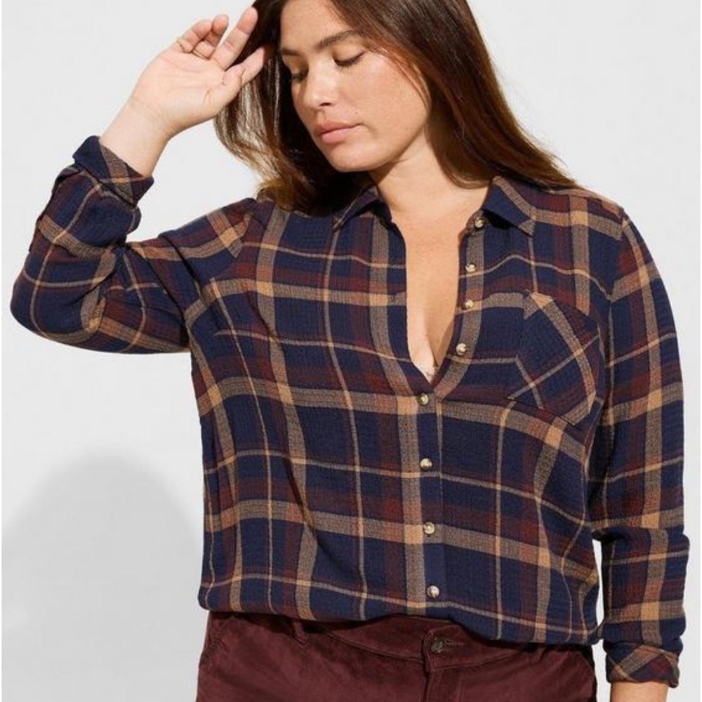 Torrid, navy plaid Milly button down shirt 1X